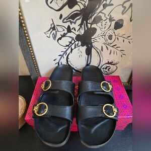 Tory Burch Anatomic Black Slide Sandals with Gold Buckles